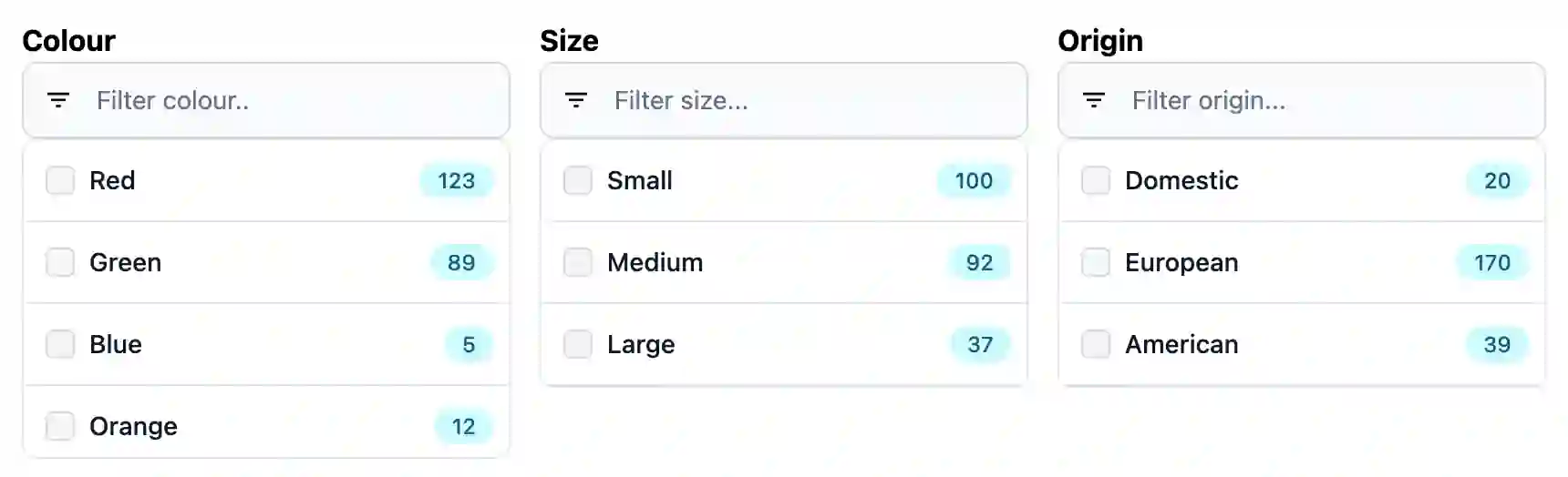 Screenshot of a facet user interface showing various categories with their values and the number of matching products